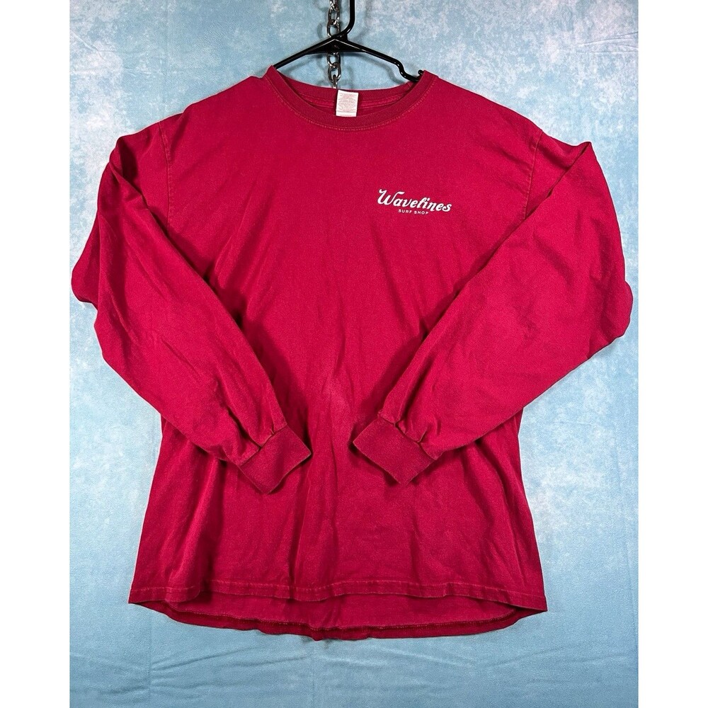 Vintage Gildan Men's L Red Long Sleeve Crew Neck Wavelines Surf Shop Graphic Tee